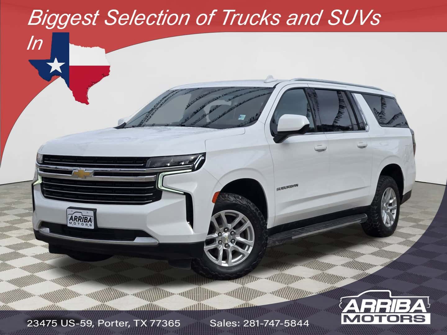 Pre-Owned 2021 Chevrolet Suburban LT full-size SUV available at Arriba Motors in Porter TX near Kingwood, Humble, and Conroe