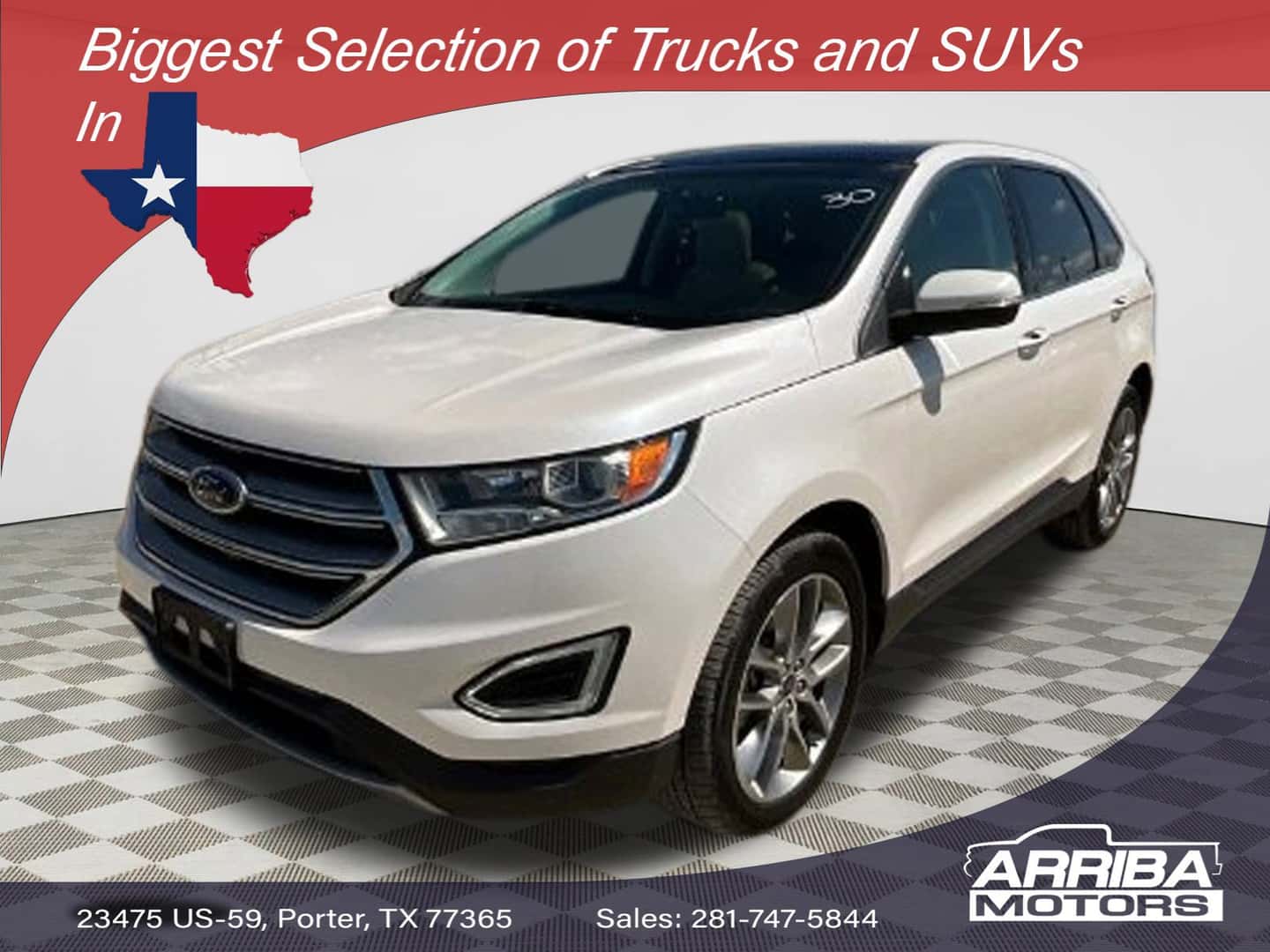Front view of 2018 Ford Edge Titanium for sale at Arriba Motors in Porter TX