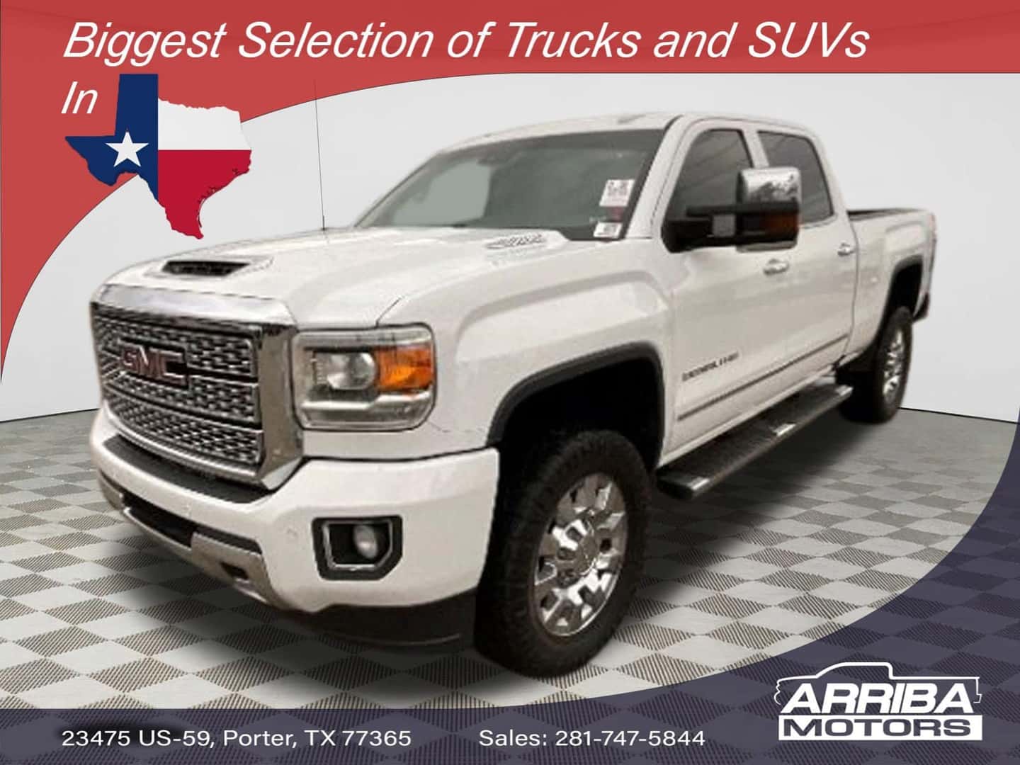 Front view of 2019 GMC Sierra 2500HD Denali for sale in Porter TX at Arriba Motors