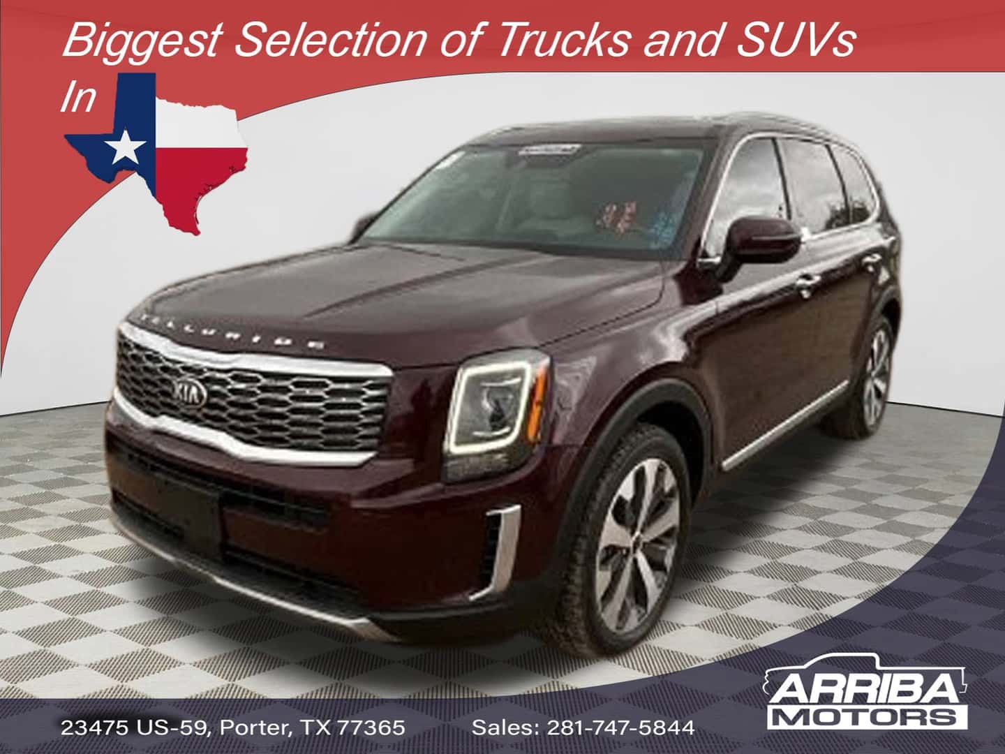 Front angle of 2021 Kia Telluride S at Arriba Motors Porter TX. 2021