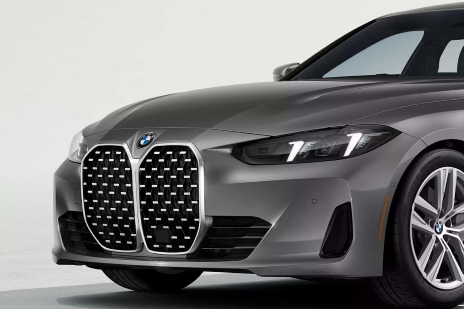 front view of a bmw 4 series grand coupe highlighting its signature kidney grille and LED headlights