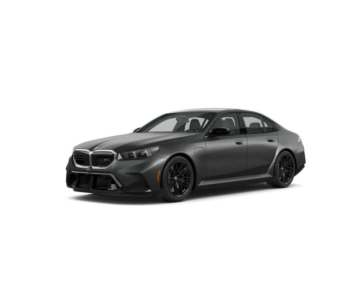 2025 BMW M5 performance sedan in matte black shown from a front-side angle on a white background