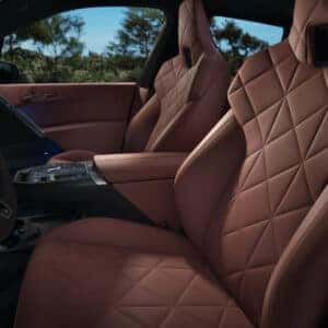 the front interior side view of the driver's side looking at the passengers side with castanea chestnut perforated leather seats.