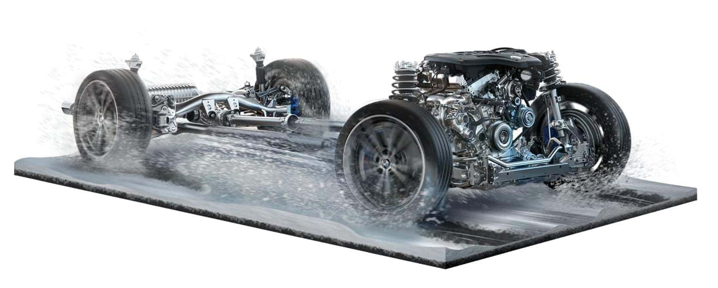 BMW drivetrain and suspension system illustration demonstrating dynamic traction control in snowy conditions