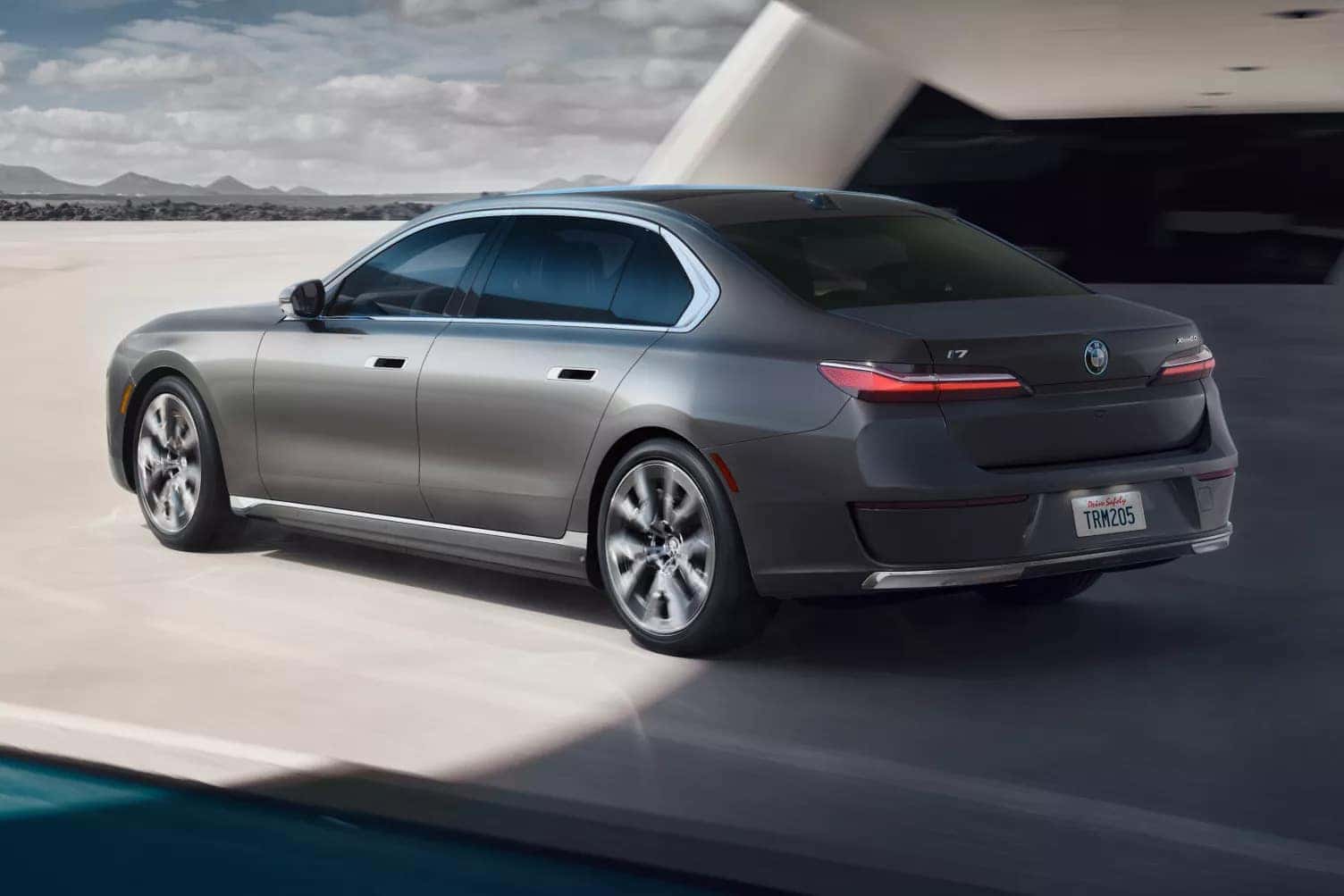 Grey 2026 BMW i7 still shot in salt plains
