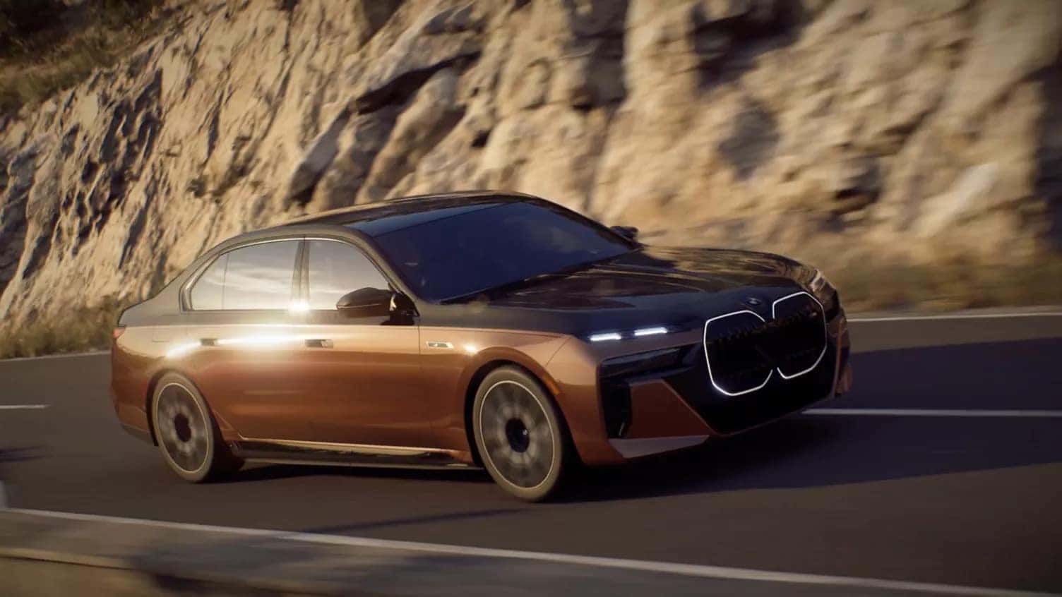 a 2026 BMW 7 Series driving up a road next to a hill