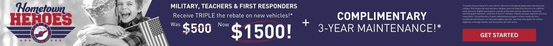 For those who serve we go the extra mile. Military, Teachers & First Responders receive TRIPLE the rebate on new vehicles! + complimentary 3-years maintenance at Step One Chevrolet in Bessemer, AL. Select the image to view New Inventory.
