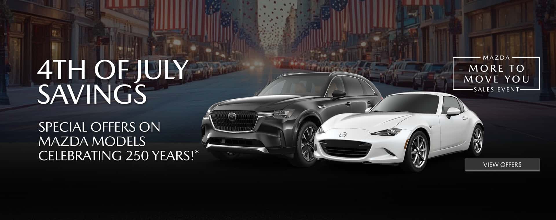 Image saying 4th of July Holiday sale savings at Mazda of Claremont