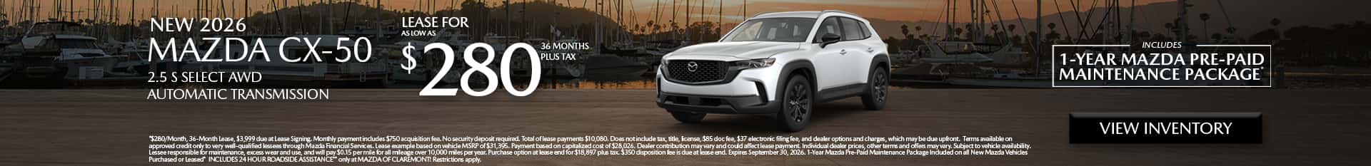 Image of Special Lease Offer on 2026 Mazda CX-50 at Mazda of Claremont