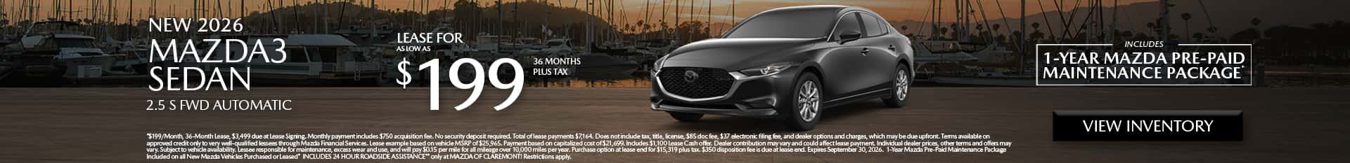Image of Special Lease Offer on 2026 Mazda3 at Mazda of Claremont