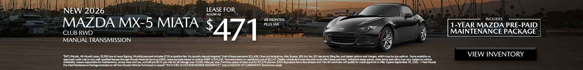 Image of Special Lease Offer on 20265 Mazda MX-5 Miata at Mazda of Claremont