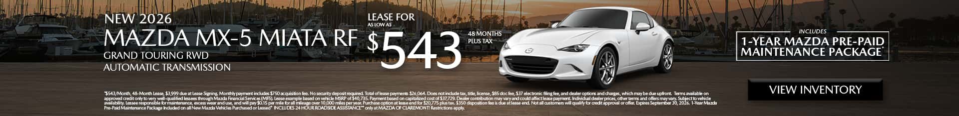 Image of Special Lease Offer on 2026 Mazda Miata RF at Mazda of Claremont