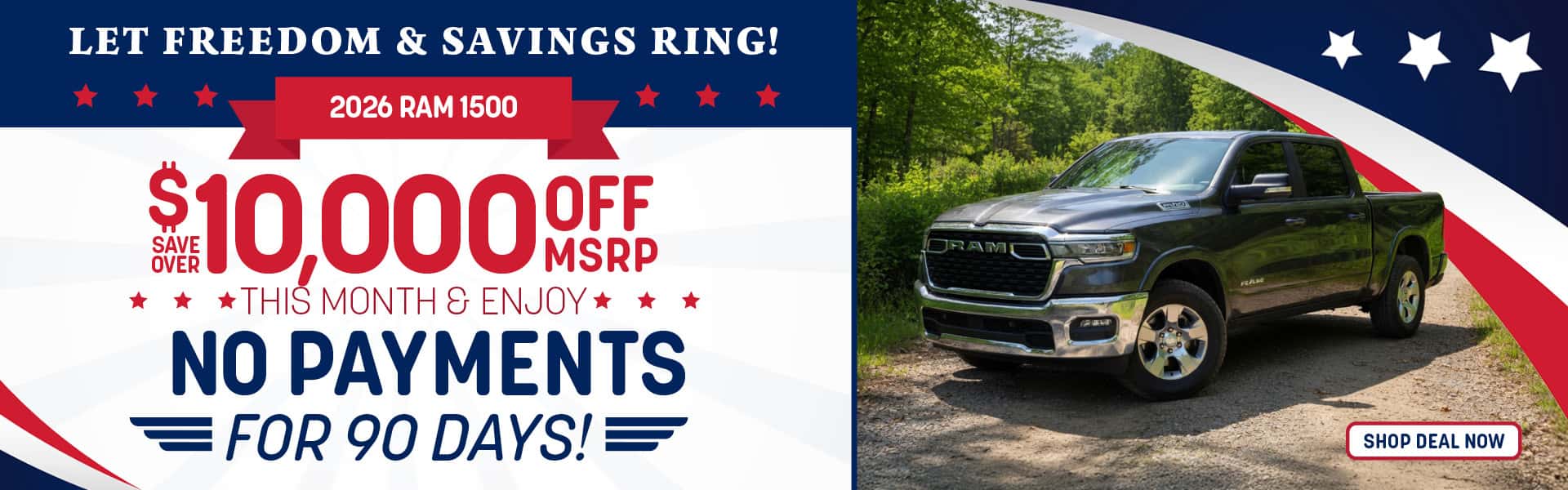 2026 Ram 1500 - July Savings and No Payment Desktop Slide