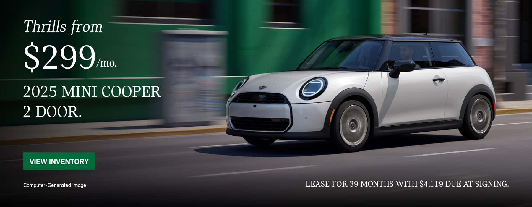 White MINI 2 Door driving down the street.