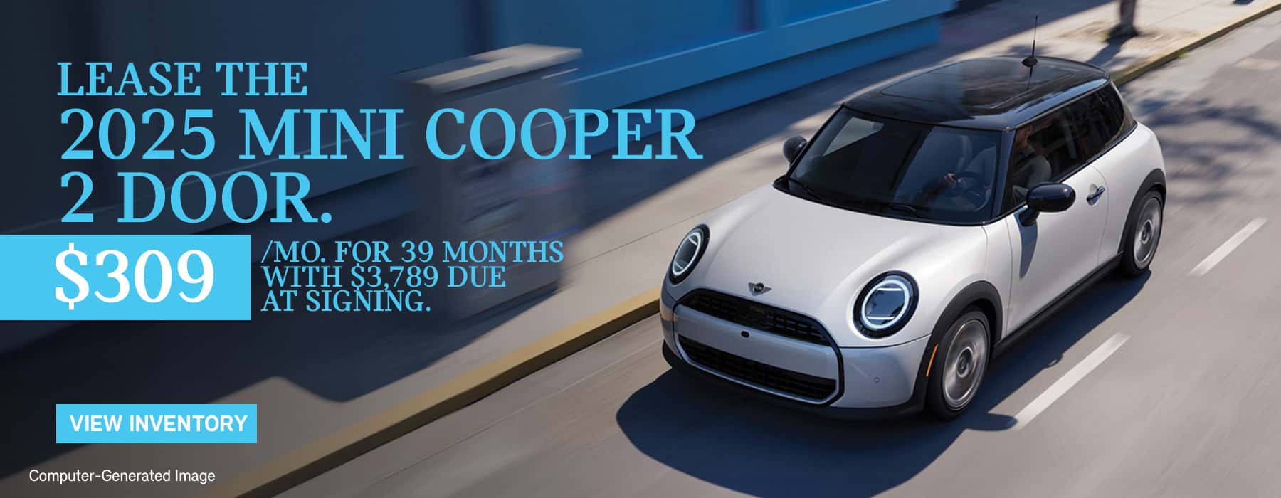 White Cooper 2 Door driving down the road.