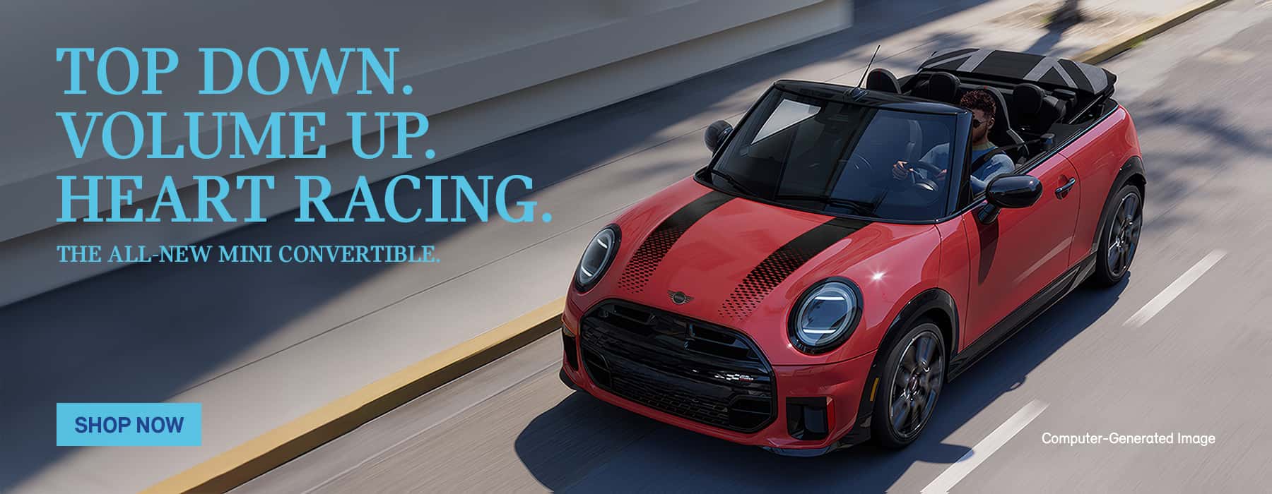Red MINI Convertible racing down a highway.