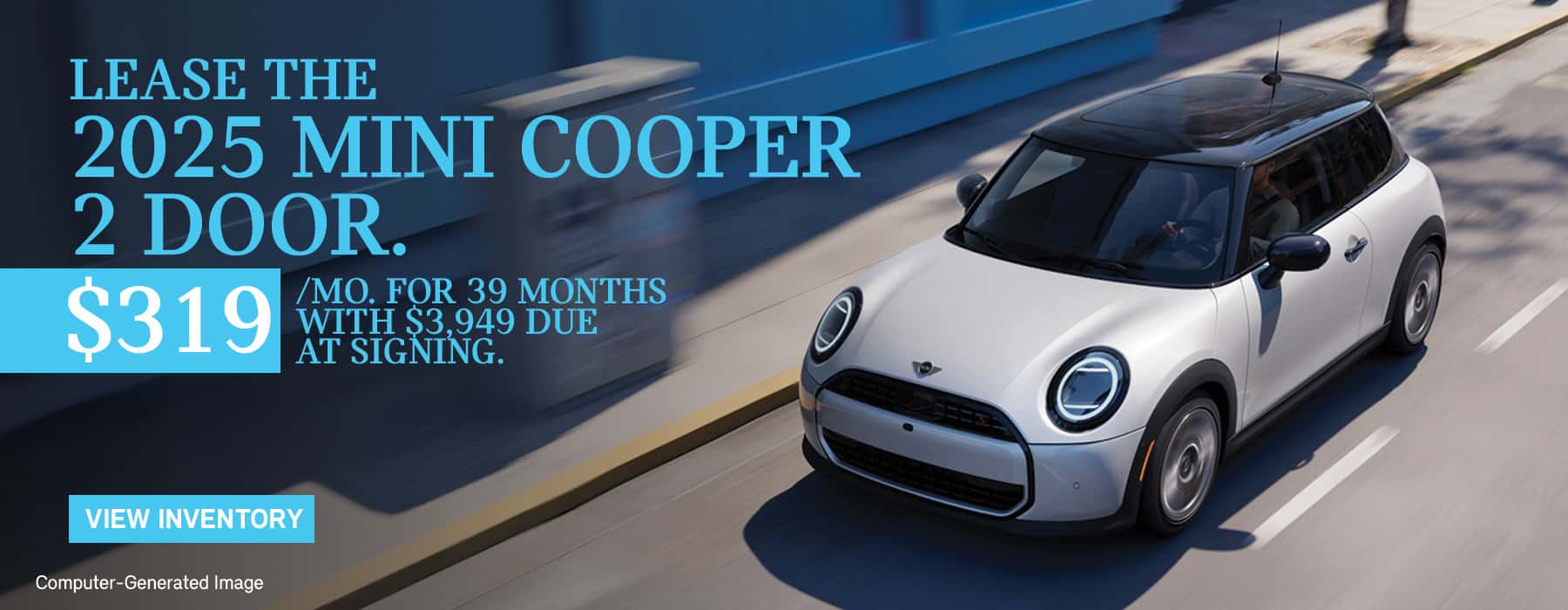 MINI Cooper cruising down a city street.