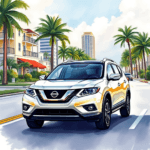 Nissan SUV driving in a scenic Florida city