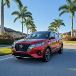 Red Nissan Kicks parked on street with palm trees and houses in background under clear blue sky.