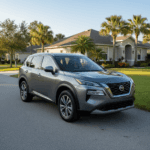 Gray Nissan Rogue SUV parked on residential street with houses and palm trees in background.