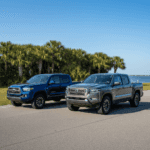 Blue Toyota Tacoma and gray Nissan Frontier trucks parked on a road.