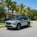 Silver Nissan Rogue in Suburban Setting