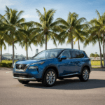 Blue Nissan Rogue SUV parked in a lot with palm trees, clear sky in the background.