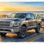 Watercolor painting of a dark gray Nissan Titan pickup truck towing a boat on a beach road at sunset.