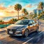 Watercolor painting of a silver Nissan Sentra driving on a coastal road at sunset with palm trees and ocean.