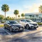 Watercolor painting of a black sedan and silver SUV parked in a car dealership lot with palm trees.