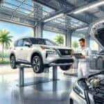 A white Nissan SUV on a hydraulic lift in a modern car service bay with a technician.
