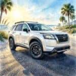 Watercolor painting of a white Nissan Pathfinder Rock Creek edition on a sunny beach road with palm trees.