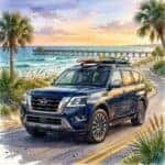 Watercolor illustration of a blue Nissan SUV with surfboards on a coastal road at sunset.