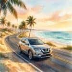 Watercolor painting of a silver Nissan Rogue driving on a coastal road lined with palm trees at sunset.