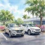 Watercolor painting of a silver BMW X5 and a white Hyundai Santa Fe parked in a sunny lot.