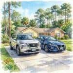 Watercolor painting of a silver Nissan Rogue and a blue Nissan Altima parked in a driveway.