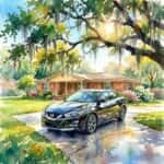 Watercolor painting of a black Nissan Maxima parked in a driveway under Spanish moss trees.
