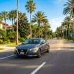 A gray Nissan Altima driving on a palm tree-lined suburban road under a clear blue sky.