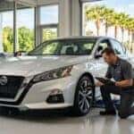 Mechanic in a grey uniform inspecting the front tire of a silver Nissan Altima in a brightly lit service bay.