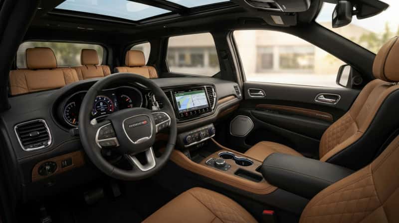 A detailed interior view of the 2025 Dodge Durango Citadel trim, highlighting the premium quilted Nappa leather seats, the large touchscreen, and real wood accents, demonstrating the luxury available for drivers in Woodbury, NJ.