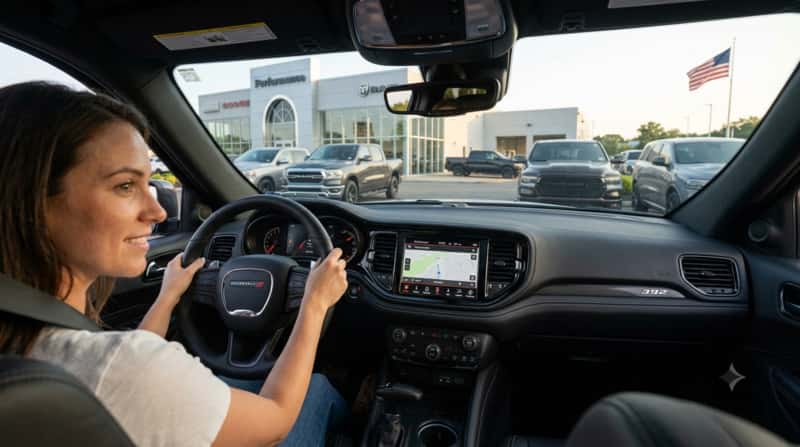 A customer testing the performance cabin features of a new 2025 Dodge Durango SRT 392 trim level on a test drive at a dealership near Woodbury, NJ.