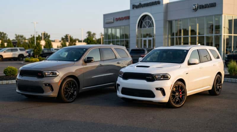 Two 2025 Dodge Durango trim levels parked next to each other on a dealership lot in Woodbury, NJ, highlighting the exterior design differences for South Jersey buyers