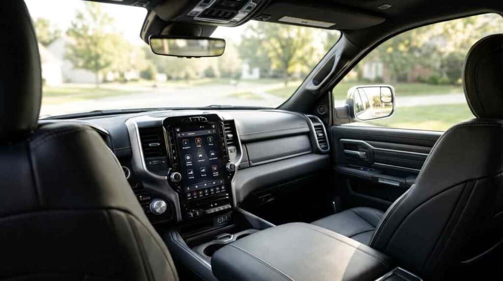 Interior of the 2025 RAM 2500 featuring the touchscreen infotainment system and premium cabin.
