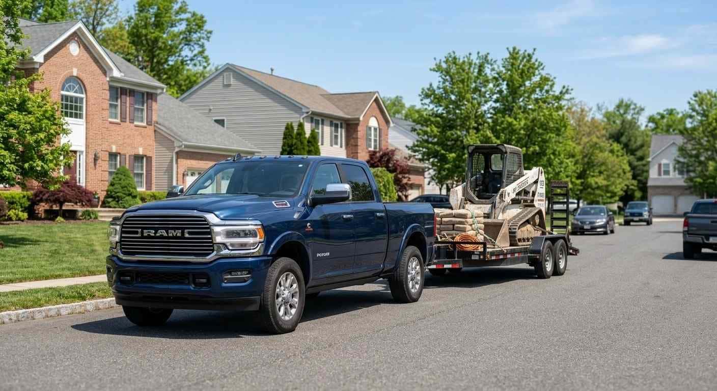 2025 RAM 2500 towing heavy equipment on a residential street, showcasing heavy-duty capability.