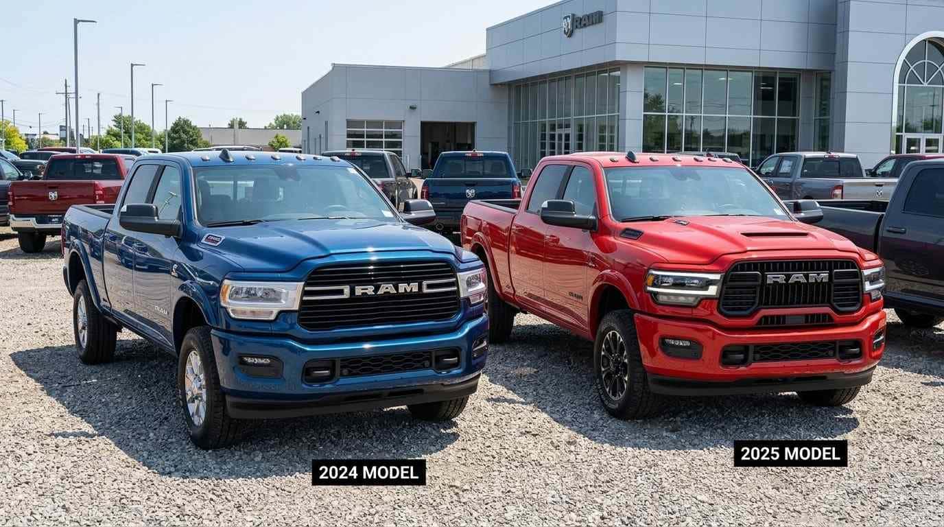 Side-by-side comparison of the 2025 RAM 2500 and 2024 RAM 2500 pickup trucks.