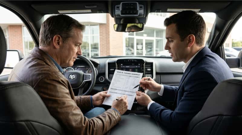 Customer reviewing Dodge and RAM finance and lease options with a dealership sales consultant.