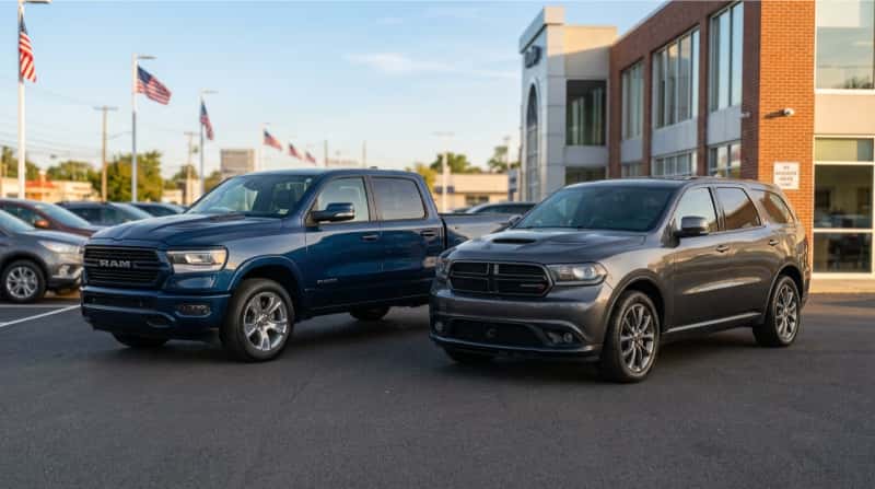 RAM 1500 and Dodge Durango displayed at a dealership in Woodbury, NJ, showcasing current Dodge and RAM deals.