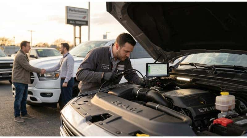 Technician inspecting the engine of a used Dodge vehicle while customers complete the purchase process.