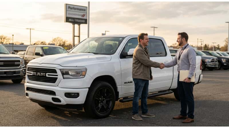 Customer and dealership representative shaking hands beside a used RAM truck in Woodbury, NJ after financing approval.