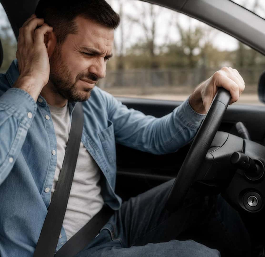 A driver looks confused while holding the steering wheel of his car.